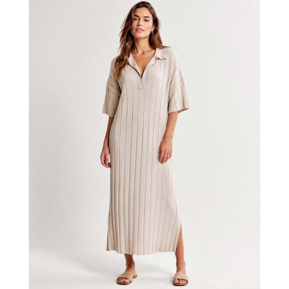 H&M Ribbed Knit Polo Maxi Dress Beige Short Sleeve Size Large Minimalist